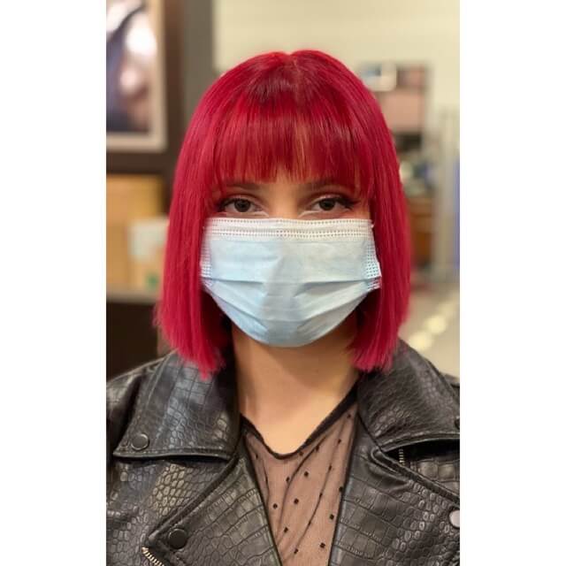 red blunt cut bob with bang
