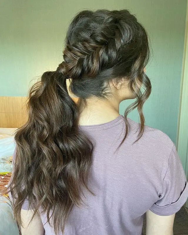 french braid bangs into ponytail