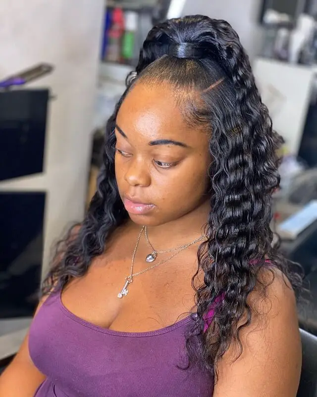 half up half down sew in curly hair