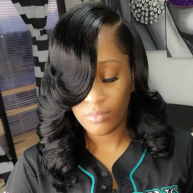sew in with feathered bangs 