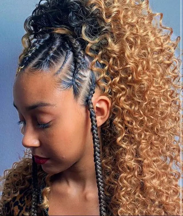 feed in braids with high curly ponytail