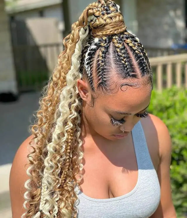 feed in braids with high curly ponytail