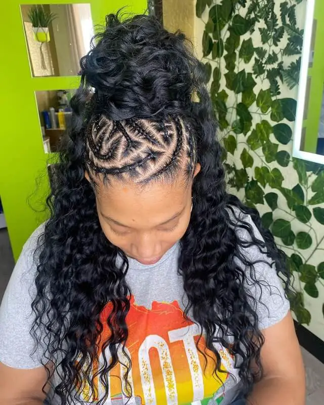 half up half down sew in with braids 