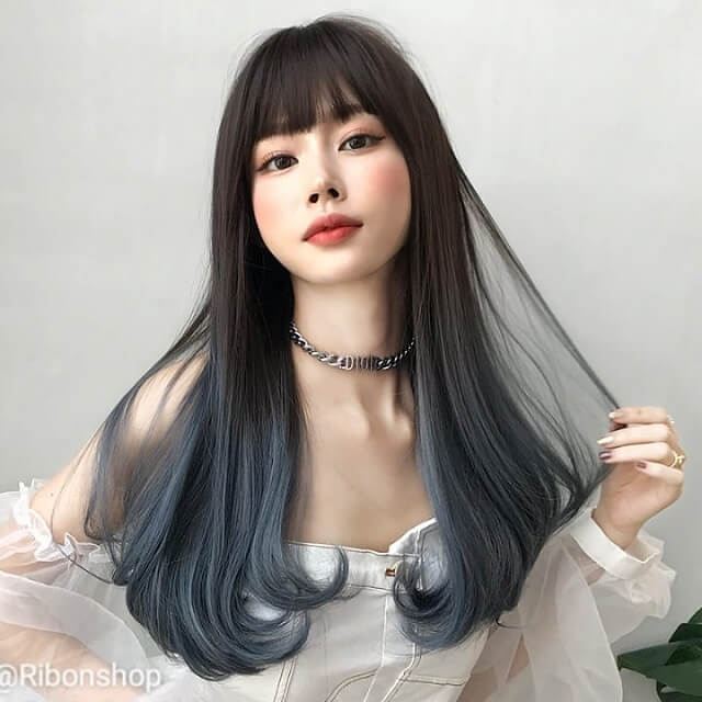 round face long straight hair with bangs 