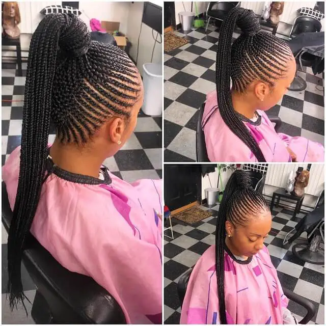 skinny feed in braids in a ponytail
