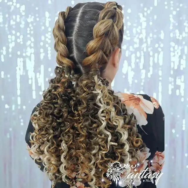 two feed in braids with curly ponytails