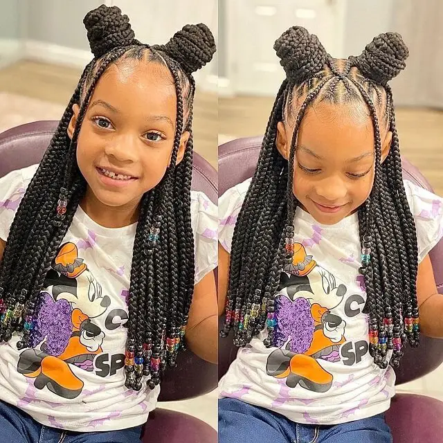 Double Bun Black Braids With Beads For Kids