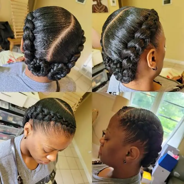 feed in braids with two buns 