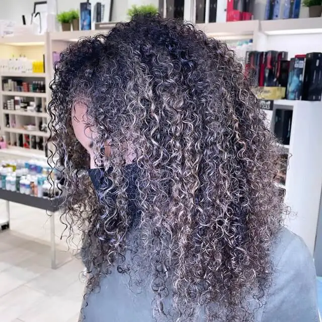 grey balayage curly hair 