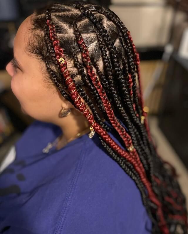 red and black triangle box braids