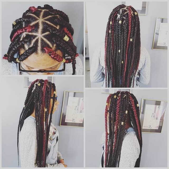 red and black triangle box braids