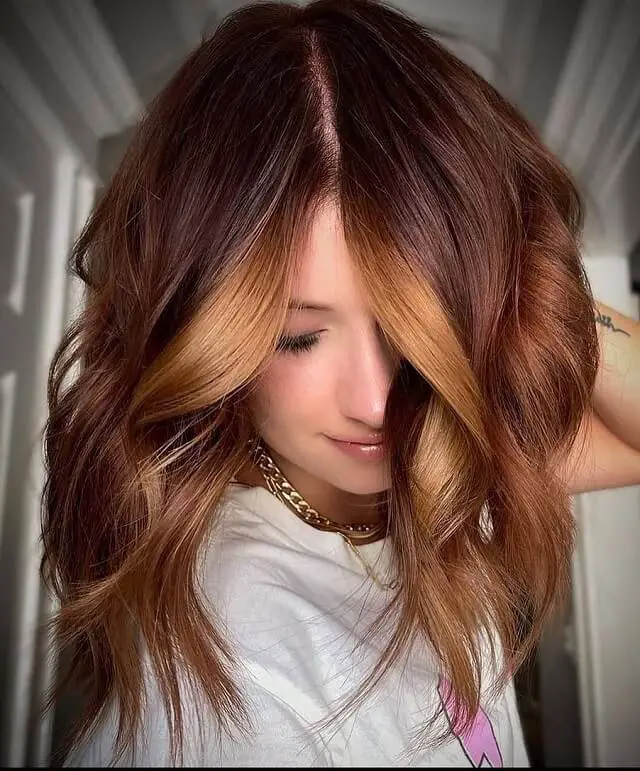 brunette hair with red and blonde highlights 
