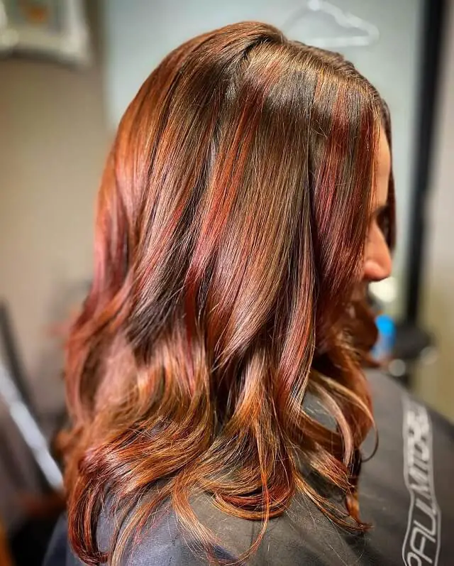 dark hair with red and blonde highlights