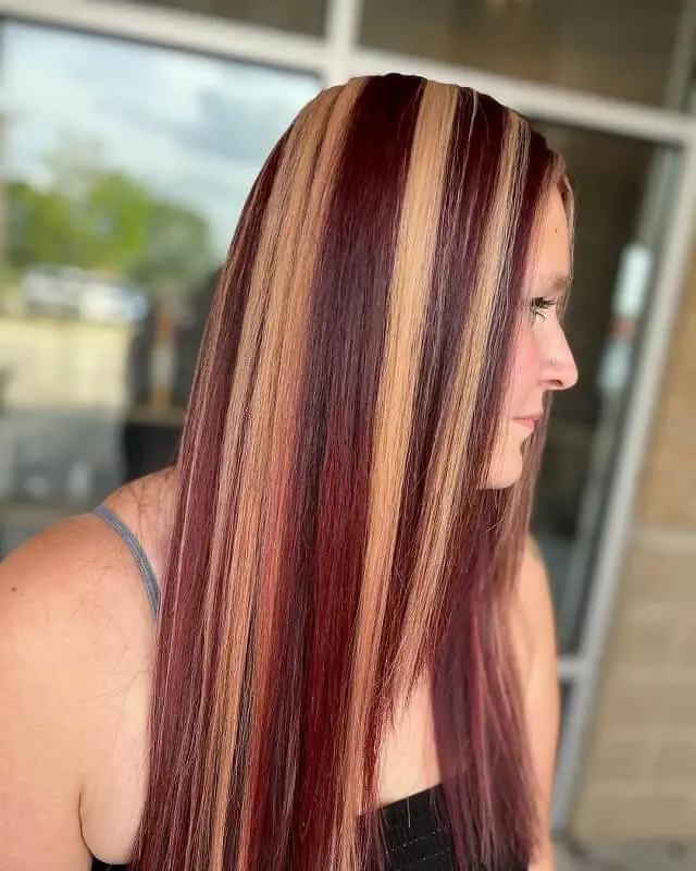 dark red hair with blonde highlights