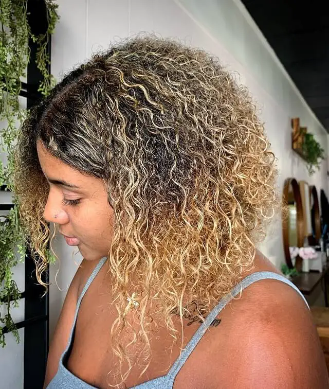 black curly hair with highlights